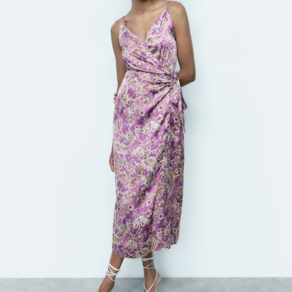 ZARA MULTICOLOR SATIN EFFECT PRINT WRAP DRESS - Picture 1 of 2